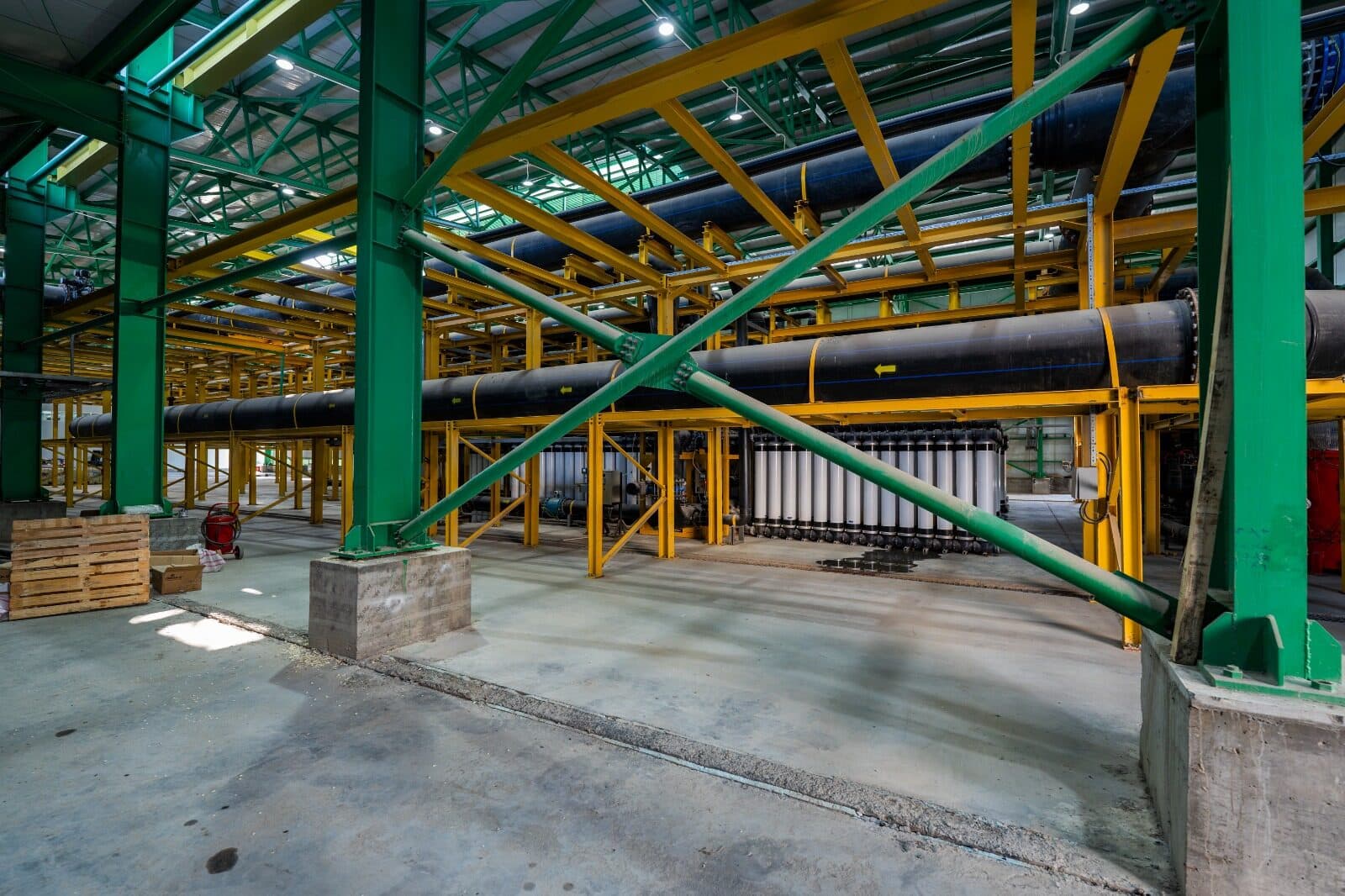 Interior of water treatment plant with filtration systems